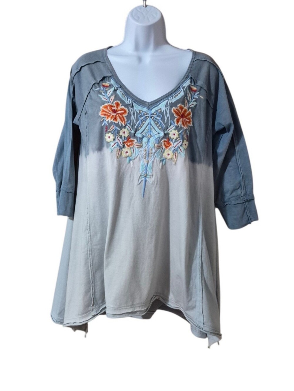 Caite Embroidered VNeck Dip Dye Handmade In India Oversized Top Blue Gray Sm EUC